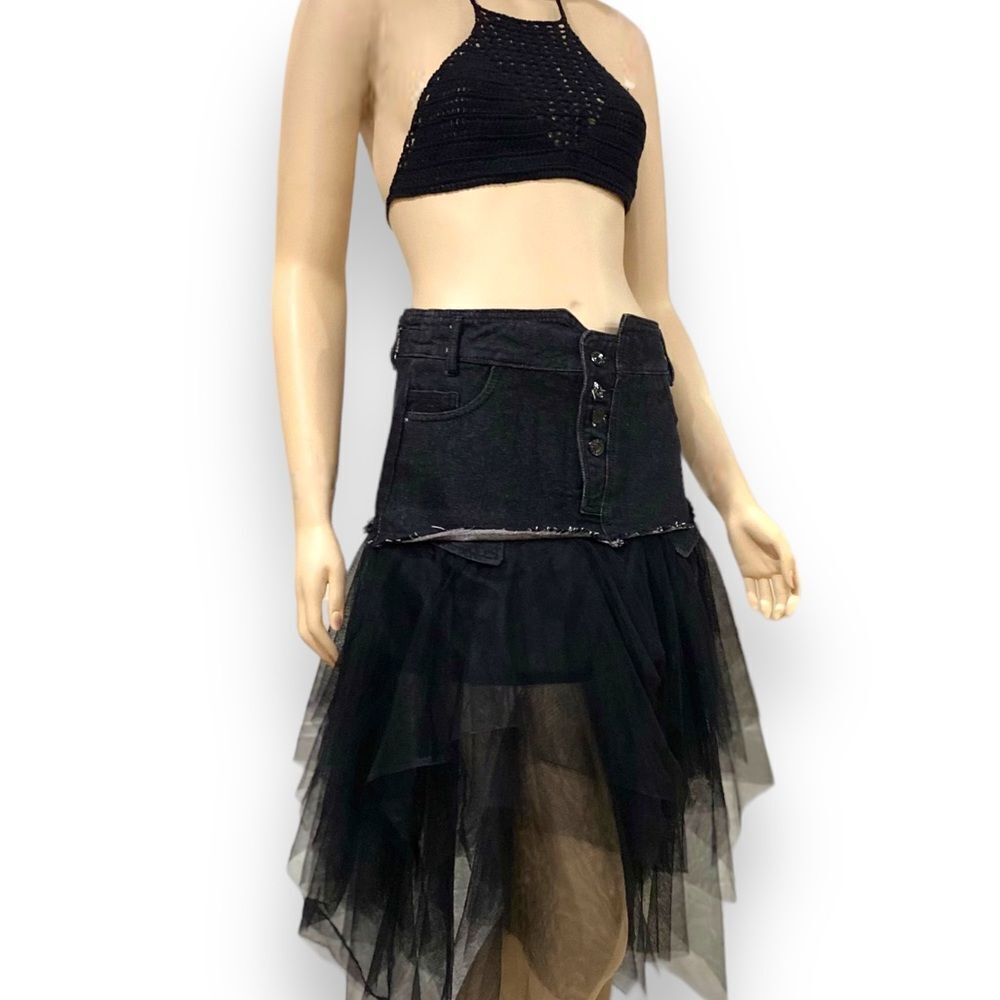 Black Denim Button Up Multi Layer Mesh Midi Skirt… - image 2